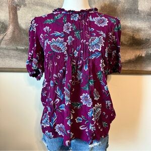 LOFT Plum Floral Ruffle Blouse